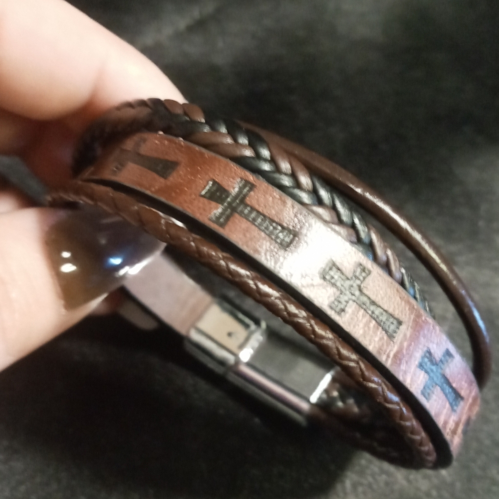 Men's leather magnetic clasp cross bracelet. stainless & genuine leather